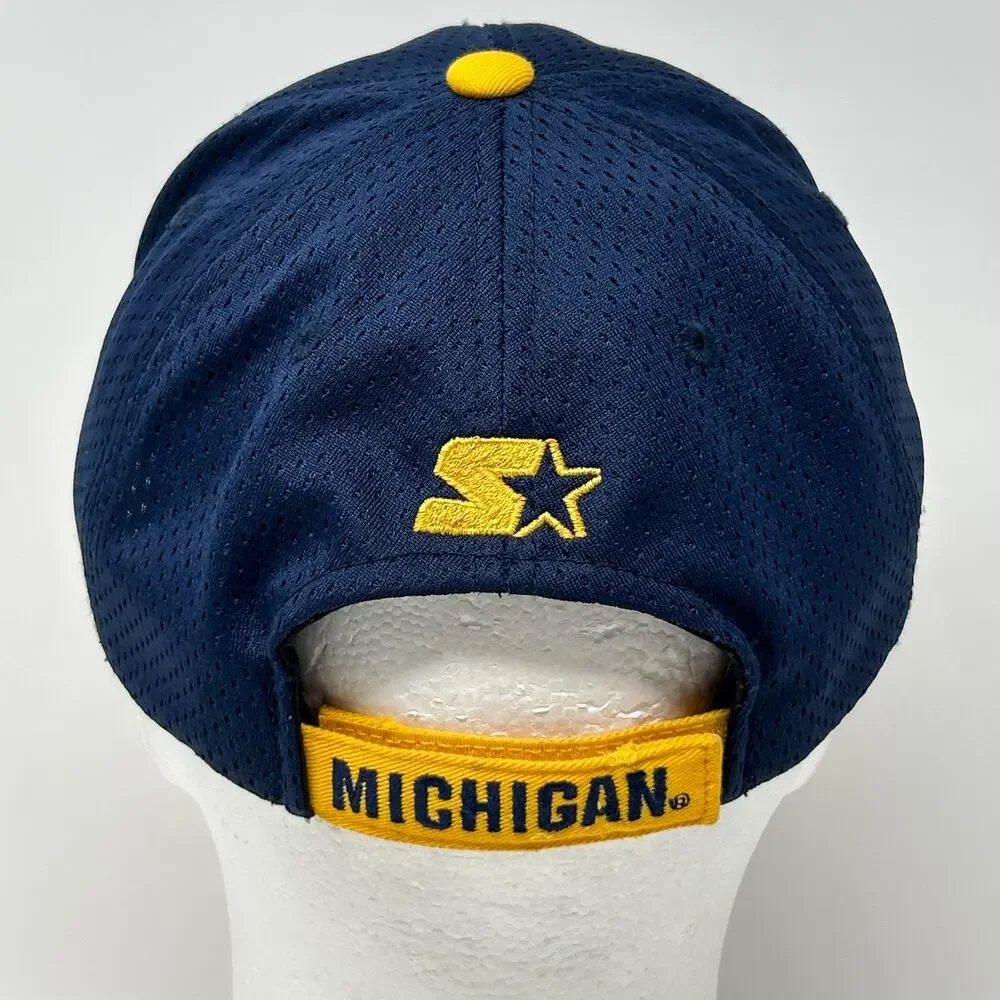 Vintage Michigan Wolverines Hat Baseball Cap Starter Strapback Blue Jersey Mesh
